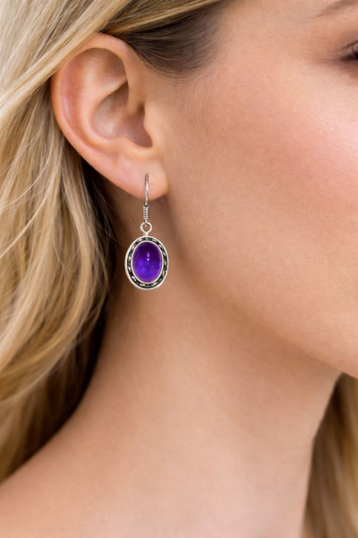 925 Ayar Gümüş Ametist Oval Taşlı Tasarım Sallantılı Küpe