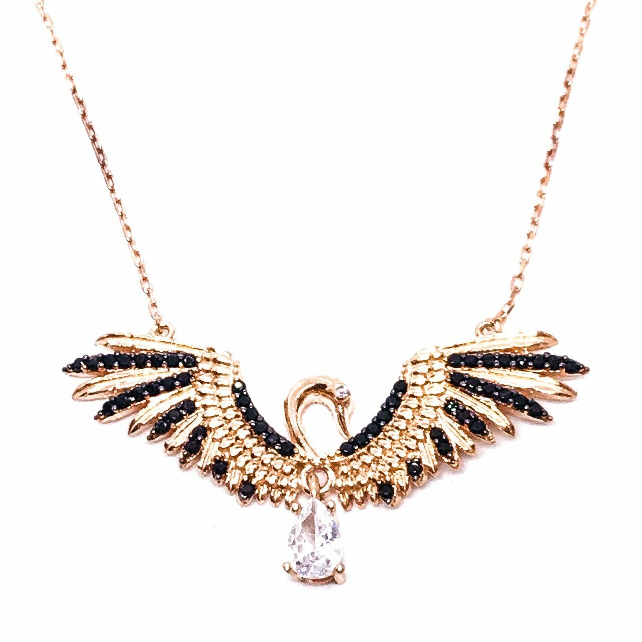 925 Ayar Gümüş Siyah Taşlı Kuğu Kolye